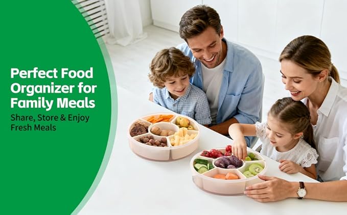 Divided Snack Container with Lid, 6-Compartment Round Snack Box with Handle, Portable Snack Tray for Fruits, Appetizers & Party Snacks, BPA-Free, Microwave & Dishwasher Safe