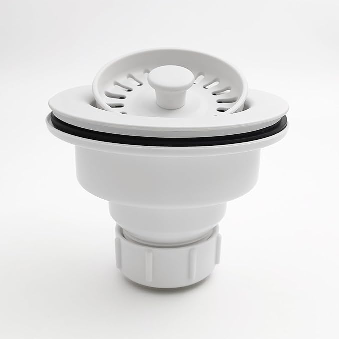 White 3.5 Inch Kitchen Sink Drain Basket Strainer Assembly Kit Polymer Removable Waste Basket and Stopper Matched Color for Ceramic/Granite and Fireclay Sinks