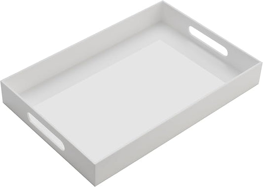 KEVJES Glossy White Acrylic Serving Tray with Handles-Butler Trays for Coffee Table, Snacks,Breakfast in Bed, Kitchen Countertop,Vanity,Makeup Organizer,Ottoman (White, 10x15 Inches)