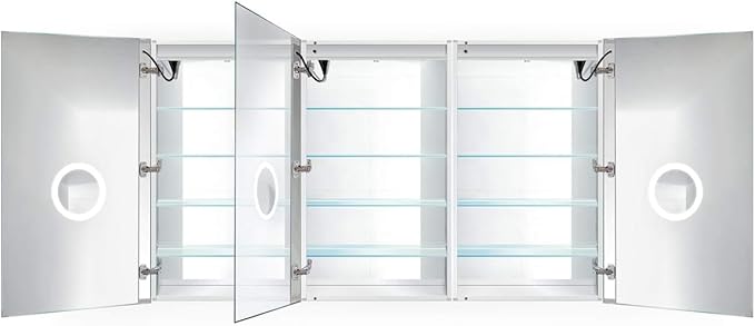 Krugg LED Medicine Cabinet 72 Inch X 42 Inch | Recessed or Surface Mount Mirror Cabinet w/Dimmer & Defogger + 3X Makeup Mirror Inside & Outlet + USB(Left Left Right)