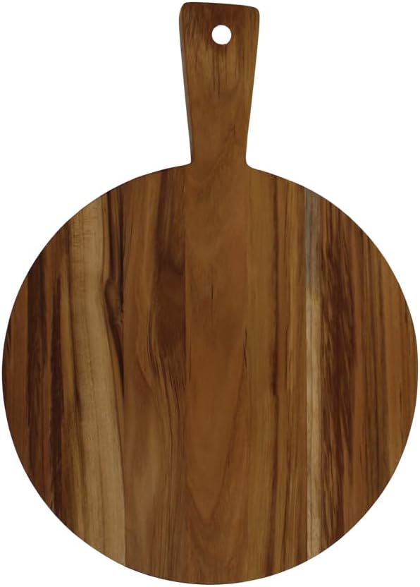 EcoDecors 14" Round Teak Cutting Board with Handle, FSC Certified Solid Wood, Edge Grain with Juice Groove, Carving Board for Kitchen & Prep