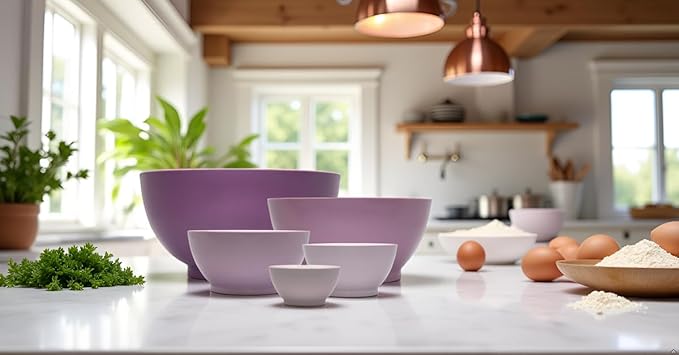 CaliBowl 5-Piece Non-Spill Plastic Mixing Bowl Set - Reusable Nesting Kitchen Bowls with Concave Inner Lip and Non-Slip Base - Ideal for Baking, Prepping, Cooking and Serving - Dusty Plum