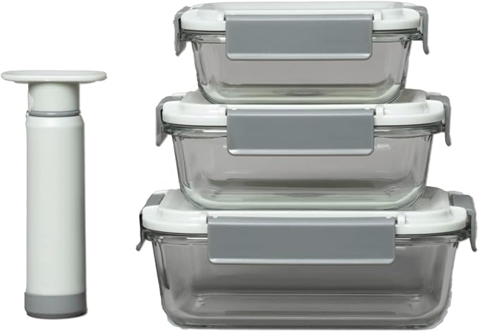 Genicook GENI-FRESH Vacuum Sealable Glass Container and Manual Pump, Set of 3, Grey, Kitchen Accessories