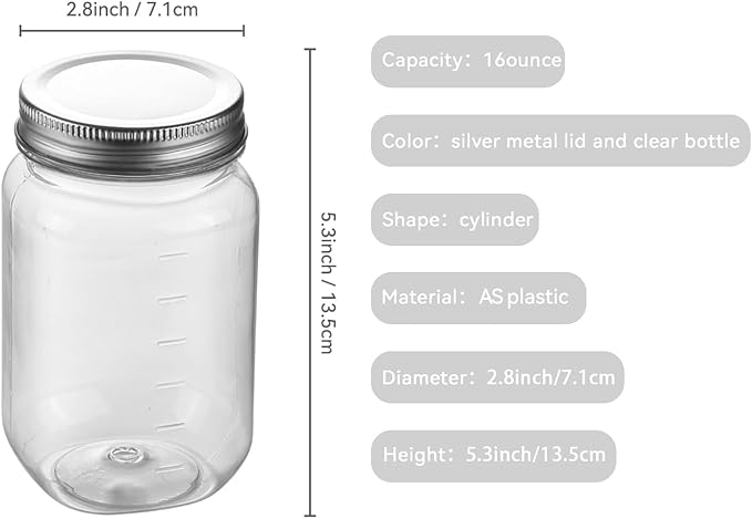 novelinks 16 oz Clear Plastic Jars with Lids, Refillable 16oz Mason Jars with Lids & Storage Containers for Kitchen & Household Use (24 Pack,Silver)