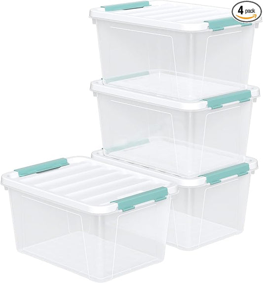 20 Quart Clear Storage Box, Plastic Latching Bins with Lids, 4 Pack