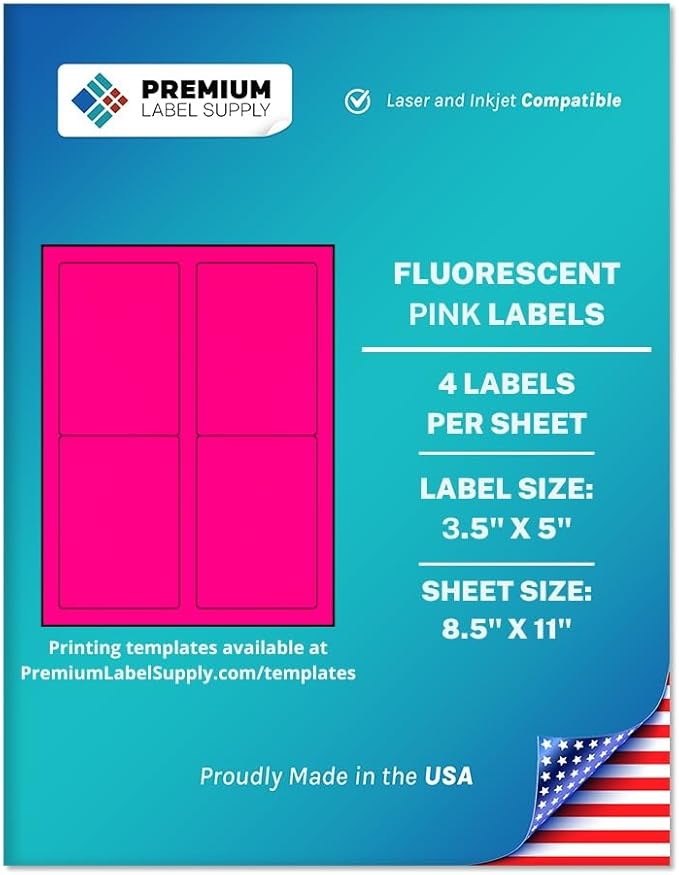 Premium Label Supply Bright Neon Color Fluorescent Sticker Labels - 3.5" x 5" Labels - (Fluorescent Pink, 4000 Labels)
