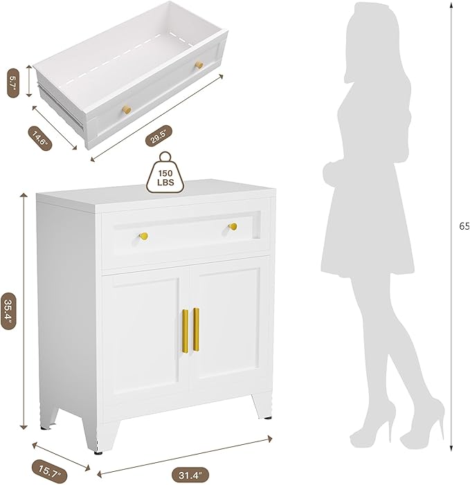 YAUWOH Metal Sideboard Cabinet with Big Drawers,Farmhouse Coffee Bar with One Adjustable Shelves,Buffet Cabinet,Metal Storage Cabient for Kitchen, Dining Room, Entryway, White