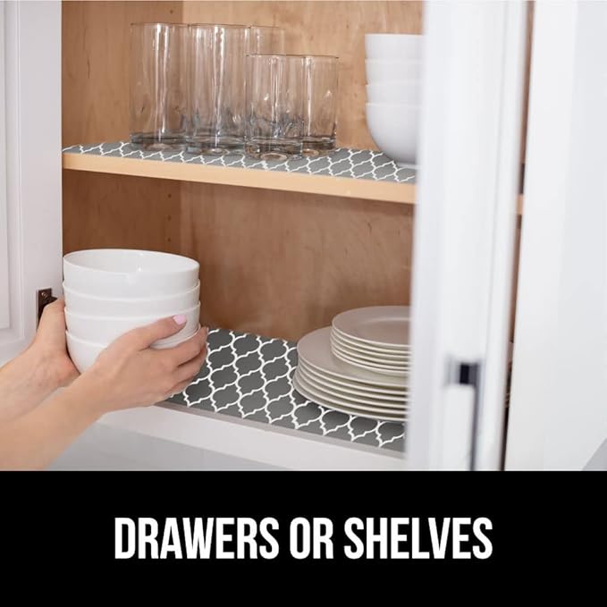 GORILLA GRIP DripGuard Shelf Liner, Non Adhesive Drawer and Kitchen Cabinet Protector, 20x240 Inch, Slip Resistant BPA Free Smooth Surface Plastic Liners for Cabinets, Bathrooms, Closets, White Gray