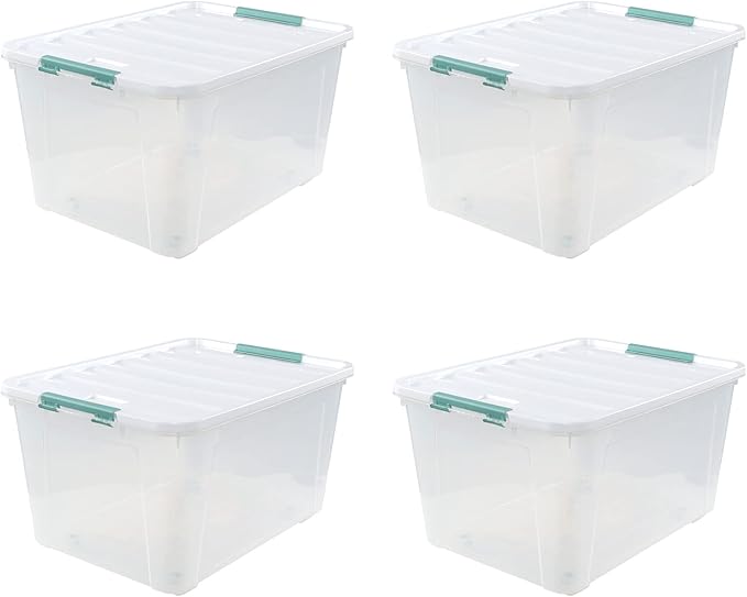 85 Quart Plastic Storage Bin, Stackable and Nestable Storage Boxes with Lids and Secure Latching Buckles, Large Storage Container for Home, Office, Garage (Clear, 85QT-4Pack)