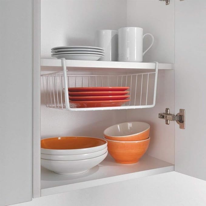 Modern Home Under Shelf Wire Storage Baskets – Hanging Organizer Rack for Cabinet, Pantry, or Closet – White Metal Basket for Kitchen, Towels, or Office – No Tools Required (10.25")