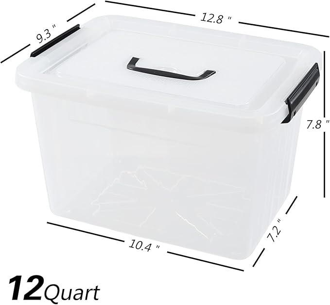 Wekioger 4 Pack 12 Quart Latching Storage Box with Handle, Clear Lidded Tote Bin