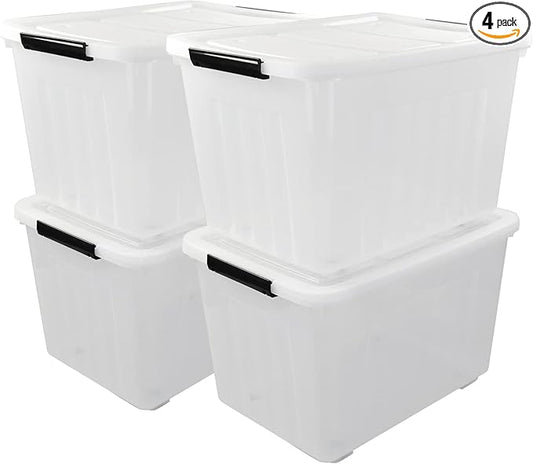 4-Pack 70 L Large Clear Storage Boxes, Plastic Latching Boxes with Wheeles