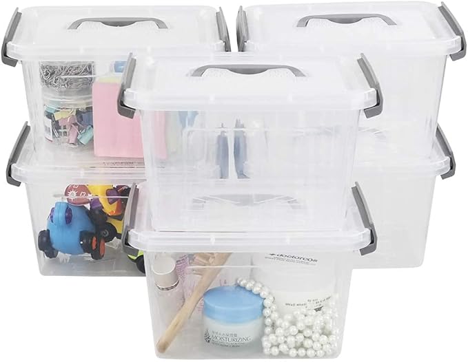 Vababa 6-Pack 3 L Clear Plastic Latch Storage Boxes with Gray Lids