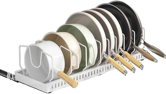 pots and pans organizer under cabinet,pot lid organizers inside cabinet holders for kitchen,Horizontal and vertical pulling modes,Can be extended and adjusted (White horizontal pull-out)