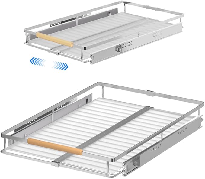 MIYUPTC Pull Out Cabinet Drawer Organizer, Heavy Duty Slide Out Pantry Shelves Sliding Drawer Storage for Bathroom, Home, Kitchen, 2 Pack Chrome 22''Deep