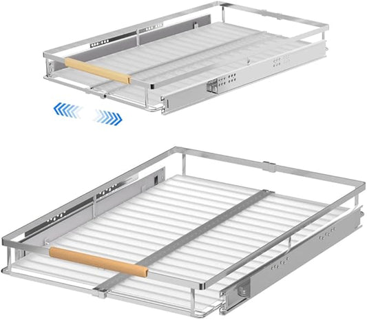 MIYUPTC Pull Out Cabinet Drawer Organizer, Heavy Duty Slide Out Pantry Shelves Sliding Drawer Storage for Bathroom, Home, Kitchen, 2 Pack Chrome 22''Deep