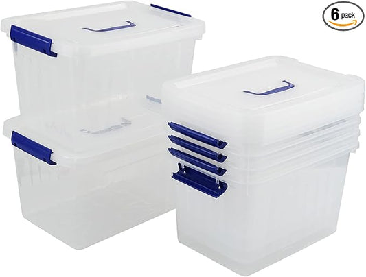 10 L Clear Plastic Storage Box, Latch Storage Box with Handle, 6-Pack