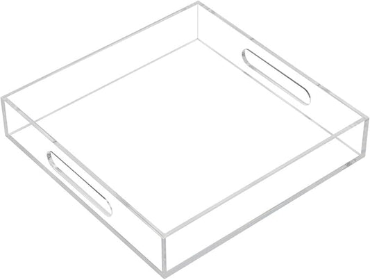 KEVLANG Clear Sturdy Acrylic Serving Tray with Handles - 10x10Inch - Coffee, Appetizer, Breakfast, Butler Tray - Kitchen Countertop & Vanity Table Organizer