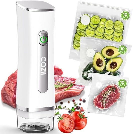 COZII Food Saver Vacuum Sealer Machine with 30 Bags, Preserve Compact Vacuum Sealer with Visible Water Tank, Handheld Portable, 60KPa Powerful suction, Wireless Rechargeable for 8X Fresh