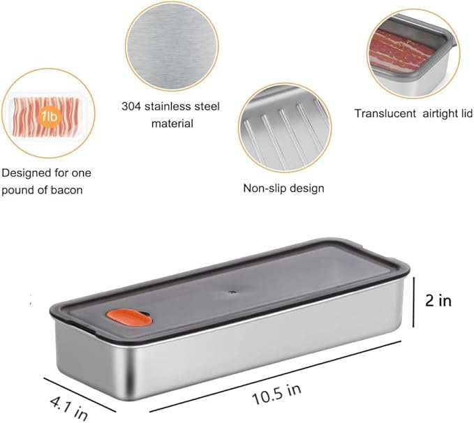 Bacon Container for Refrigerator, 304 Stainless Steel Sealed Food Storage Container with Silicone-Sealed and Air Vent ，Safe Deli Containers SealPro Bacon Box