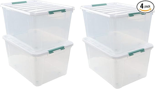 85 Quart Plastic Storage Bin, Stackable and Nestable Storage Boxes with Lids and Secure Latching Buckles, Large Storage Container for Home, Office, Garage (Clear, 85QT-4Pack)