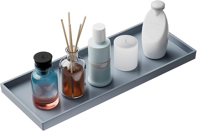 Mriluvy Vanity and Bathroom Tray, 15" ABS Countertop Organizer,Waterproof Vanity Tray for Toilet Tank,Perfume,Soap,Keys,Bathroom Accessories,Kitchen and Bath Trays,Non Slip Small Trays,Gray