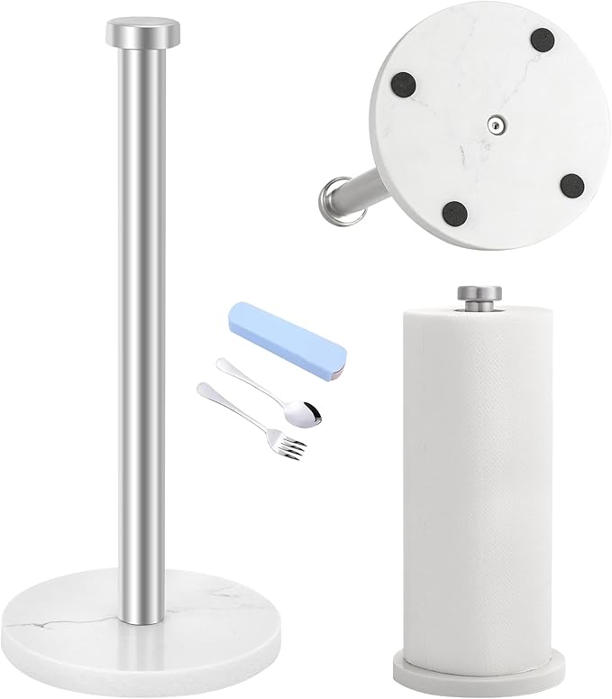 Standing Paper Towel Holder, Kitchen Paper Towel Roll Holder- for Bathroom Kitchen Countertop with Weighted Marble Base for One-Handed Operation (Silver), Silver Paper Towel Holder