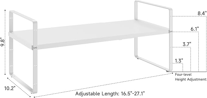taiheis 16.5~27.1" Expandable Shelf Organizer, 1Pack 10.2" Wide Stackable Cabinet Shelf Organizers, White Metal Sturdy Kitchen Counter Storage for Countertop, Adjustable Height Spice Rack