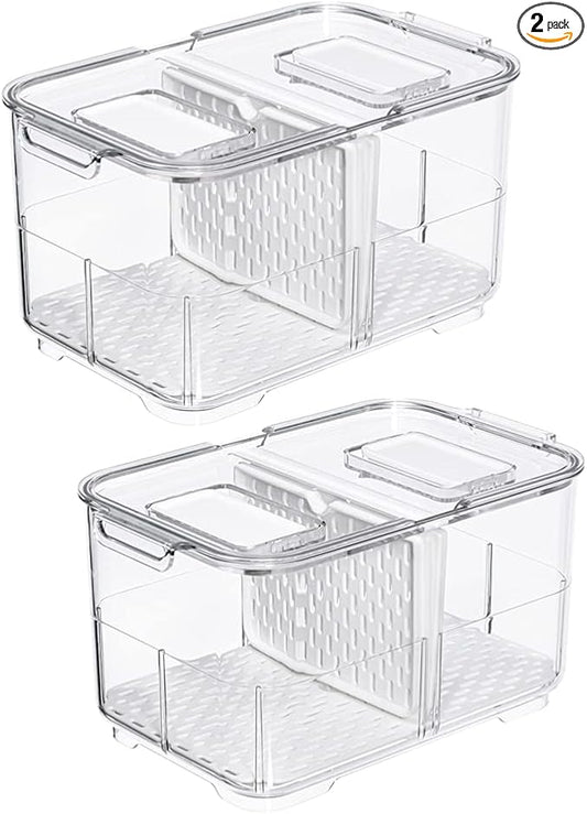 Slideep Food Storage Containers Fridge Produce Saver, Stackable Refrigerator Organizer Keeper Foldable lid with Removable Drain Tray for Produce, Fruits, Vegetables 2800 ml - 2 Pack