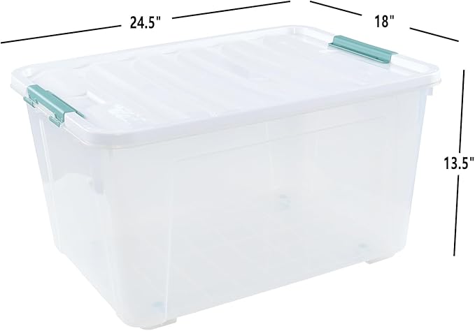 4 Packs 85 Quarts Large Clear Storage Boxes with Wheels, Plastic Latching Bins Totes Set