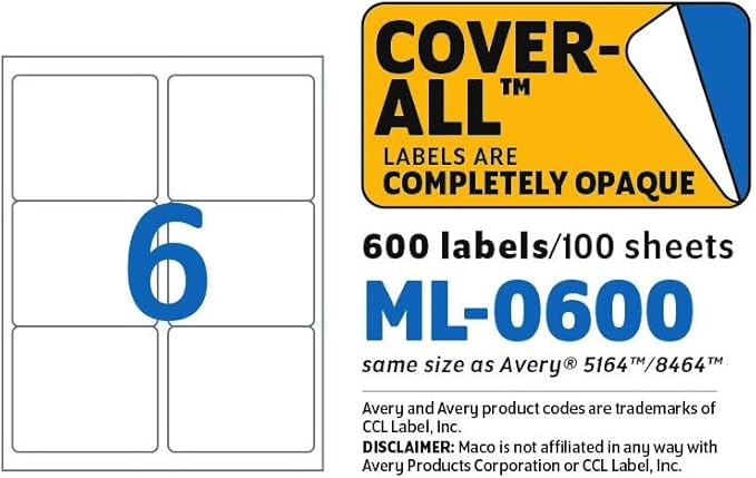 MACO Laser/Ink Jet White Cover-All Shipping Labels, 3-1/3" x 4", 6 per Sheet, 600 per Box (ML-0600)