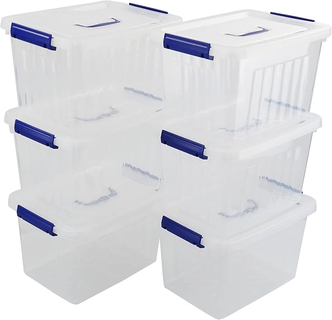 10 L Clear Plastic Storage Box, Latch Storage Box with Handle, 6-Pack
