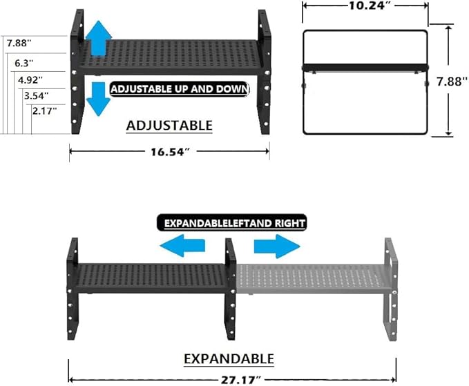 Expandable Shoe Rack Stackable Metal Pantry Storage Shelves Stand Adjustable Height Cabinet Shelf Organizer Racks Spice Shelving(2PACKS/BLACK,LARGE)