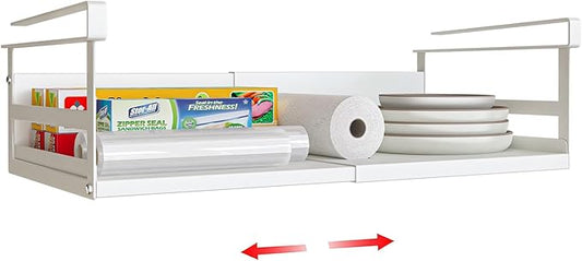 SHINEWON Expandable Under Cabinet Shelf Organizer with 0.94-Inch Thick Clips, Heavy Duty Extendable Under Shelf Storage Basket for Pantry or Laundry Room, White, 1 Pack, Interior: 4.13" H x 8.54" D