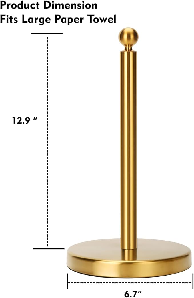 Gold Paper Towel Holder Countertop, Standing Paper Towel Roll Holder for Kitchen Bathroom, with Weighted Base for One-Handed Operation (Stainless Steel Base, Gold)