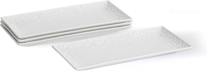 MVYAVYUS Rectangular Embossed Serving Platter Set, 12 Inch Large Serving Plates, Stackable Serving Tray for Wedding, Ceramic White Serving Platters for Entertaining, Dishwasher & Oven Safe (4PCS)