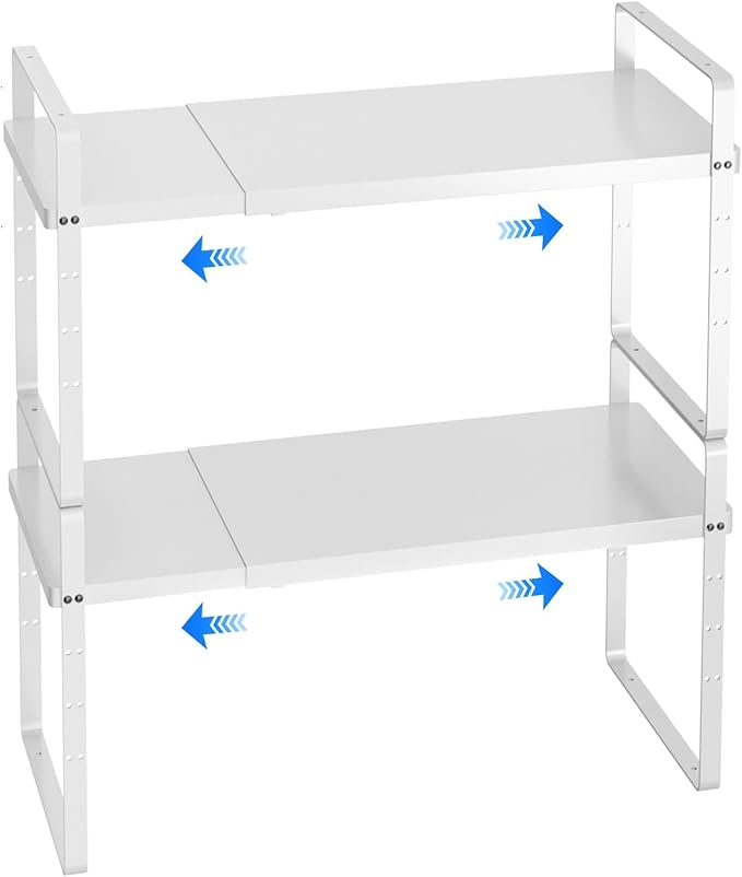 KIKIBRO Expandable Cabinet Shelf Organizer, Stackable Kitchen Pantry Counter Storage, Adjustable Closet Cupboard Stand Rack Risers Spice Organization 80LBS Heavy Duty White 2 Pack