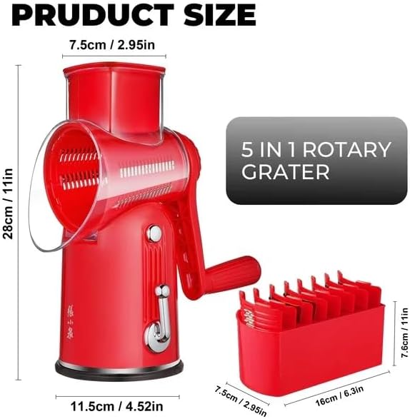 Rotary Cheese Grater Hand Crank with 5-in-1 Interchangeable Blades & Strong Suction Base Vegetables Shredder Manual Slicer for Kitchen, Red