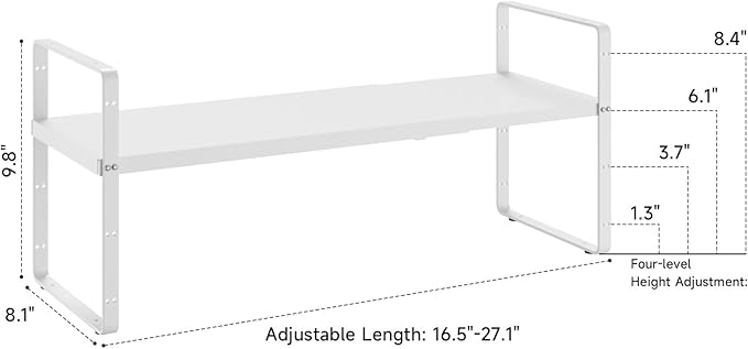 taiheis 16.5~27.1" Expandable Shelf Organizer, 2Pack 8.1" Wide Stackable Cabinet Shelf Organizers, White Metal Sturdy Kitchen Counter Storage for Countertop, Adjustable Height Spice Rack