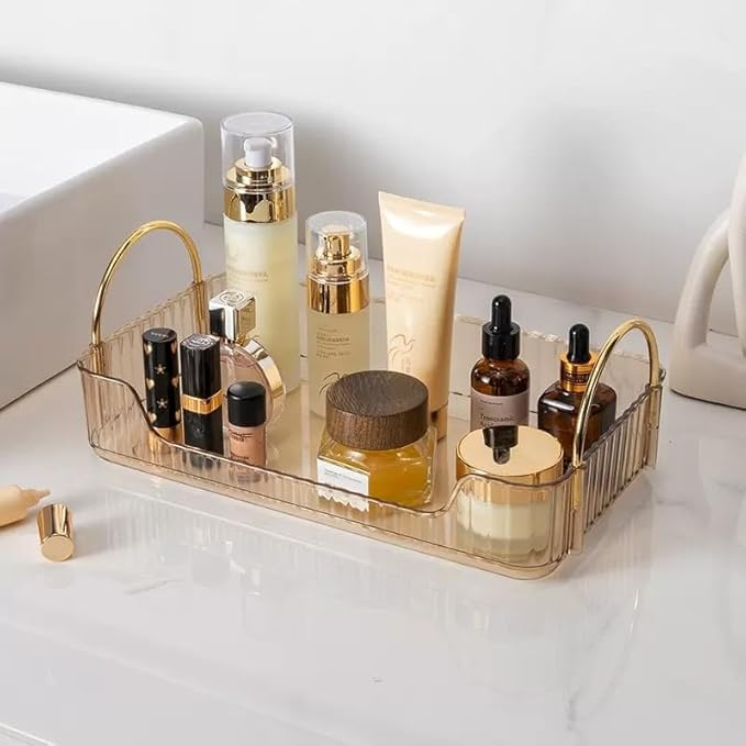 Bathroom Organizer Countertop, Vanity Tray for Skincare Makeup, Counter Organizer for Cosmetics, Toiletries, Lotions, Perfumes (1 Tier, Amber)