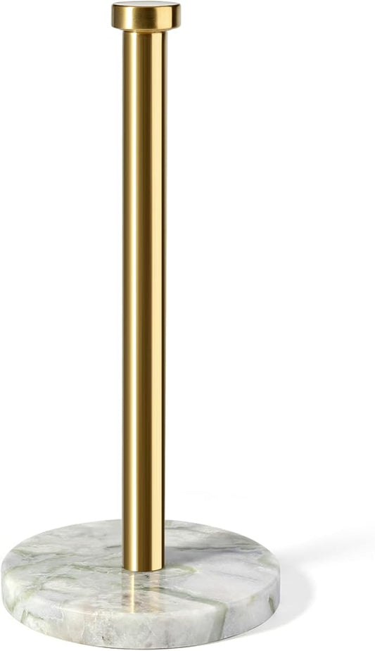 Koville Genuine Marble Paper Towel Holder Countertop, 6" Stone Base Gold Rod Paper Towel Holder Stand for Kitchen Storage, for Standard or Jumbo-Sized Rolls
