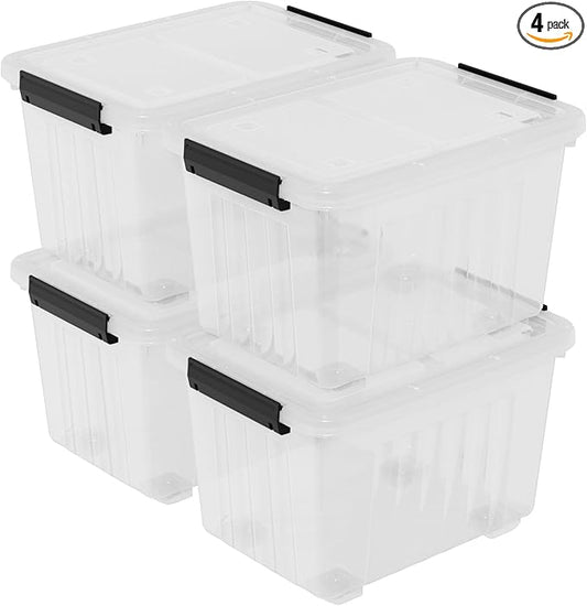 30 L Stackable Storage Bins with Lids, Clear Plastic Storage Containers, Stackable Organization Boxes with Secure Latching Lids/Wheels, Set of 4