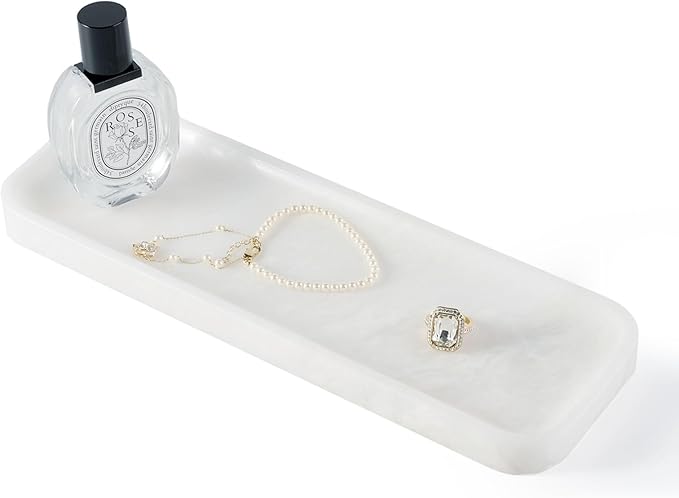 Koville Marble Tray, 12"x4" Marble Vanity Tray for Bathroom Kitchen Countertop Sink, Natural Stone Tray for Home Decor, Decorative Rectangular Narrow Catchall Tray for Jewelry(Namibia Bianco)