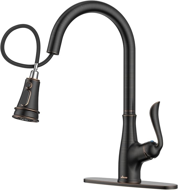 APPASO Pull Down Kitchen Faucet with Sprayer Oil Rubbed Bronze, Antique ORB Single Handle High Arc Faucet, cUPC-Certified Pull-Out Hose, Water Supplies & Valve Core