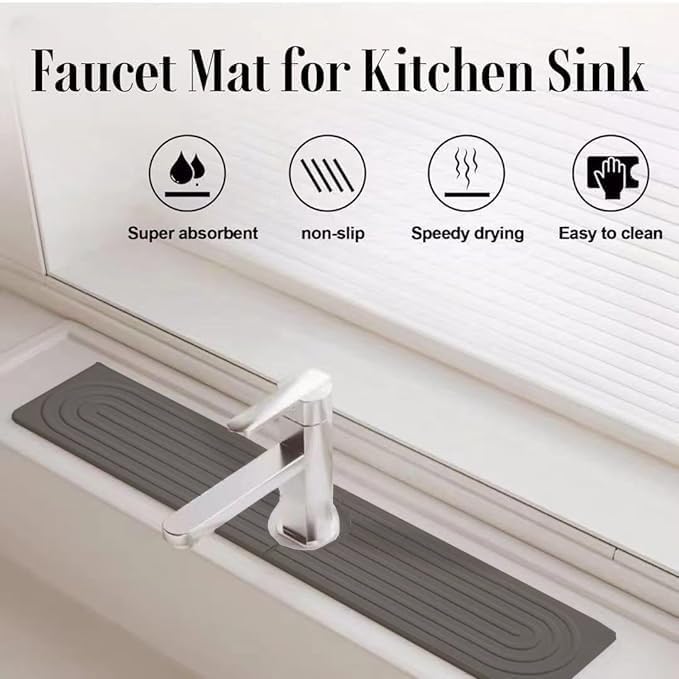 Quick Drying Stone Faucet Mat for Kitchen Sink, 15.7'' Long Diatomite Sink Tray, Faucet Splash Guard for Kitchen,Bathroom Counter, Prevents Moisture, Super Absorbent, White (Dark grey)