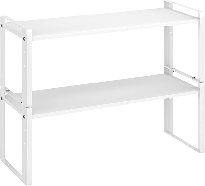 Astrorhine 2 Pack Expandable Cabinet Organizer Shelves, 88lbs High Weight Capacity, Stackable Heavy-Duty Metal Storage Rack, Adjustable Cabinet Shelf for Kitchen, Pantry, Cupboard, Under Sink, White