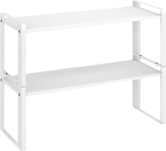 Astrorhine 2 Pack Expandable Cabinet Organizer Shelves, 88lbs High Weight Capacity, Stackable Heavy-Duty Metal Storage Rack, Adjustable Cabinet Shelf for Kitchen, Pantry, Cupboard, Under Sink, White