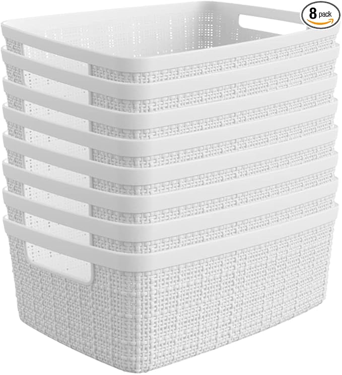 Curver Set of 8 Small 4.5L Jute Decorative Plastic Organization and Storage Baskets - Perfect Bins for Home Office, Closet Shelves, Kitchen Pantry and All Bedroom Essentials, White