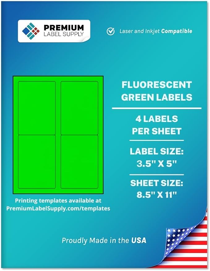 Premium Label Supply Bright Neon Color Fluorescent Sticker Labels - 3.5" x 5" Labels - (Fluorescent Green, 400 Labels)