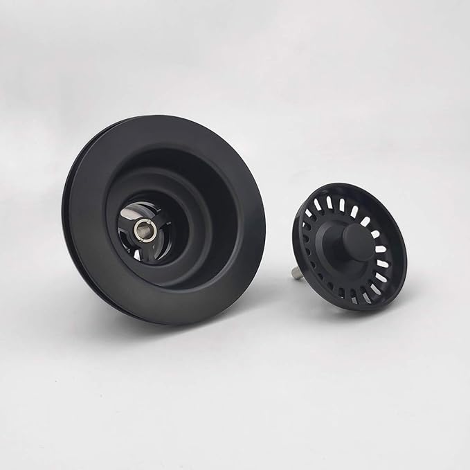 3-1/2 Inch Polymer Black Sink Drain Assembly with Basket Strainer and Stopper for Quartz, Granite or Fireclay Kitchen Sinks